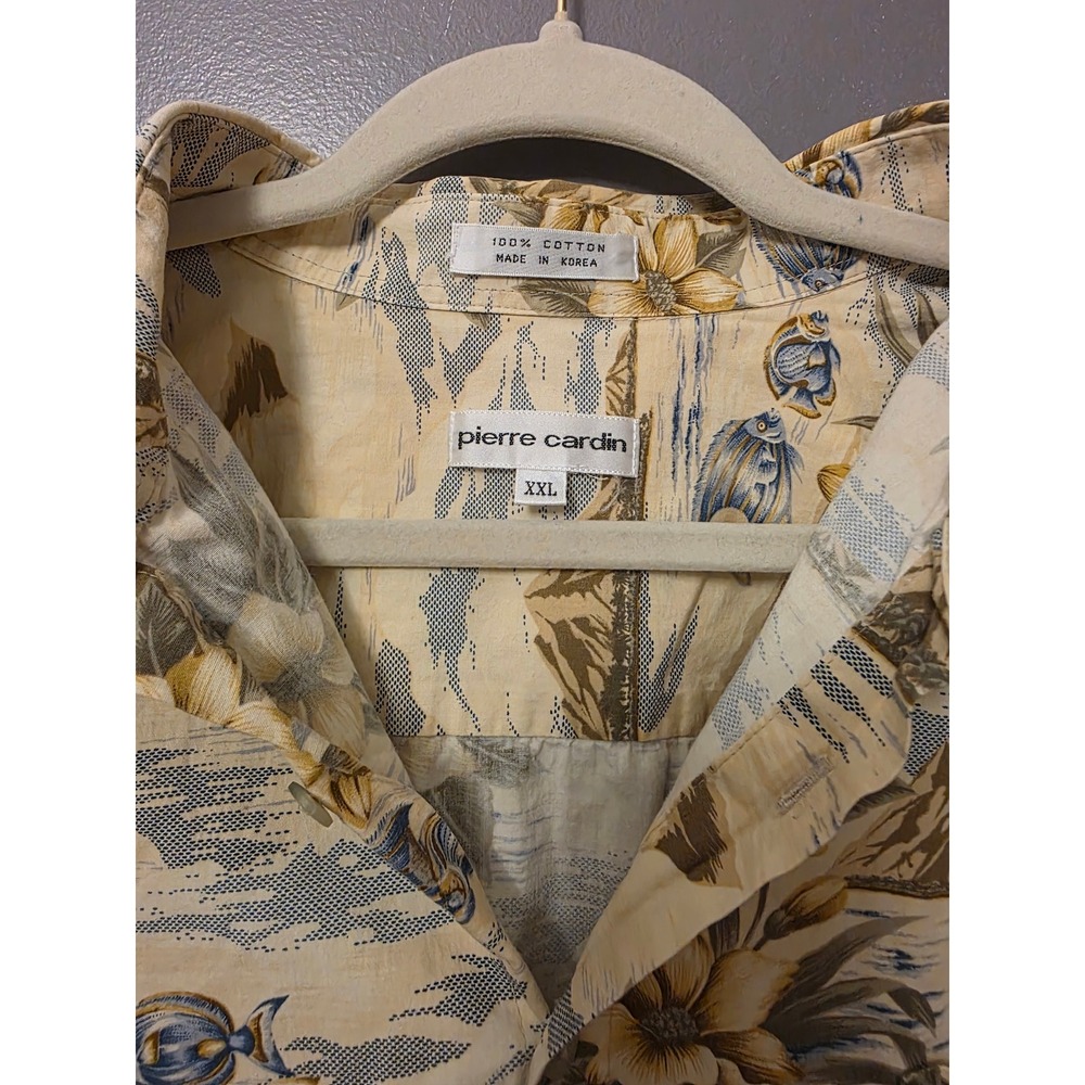 Pierre Cardin XXL Mens Vintage Tropical Island Hibiscus Fish Cotton Shirt Beige